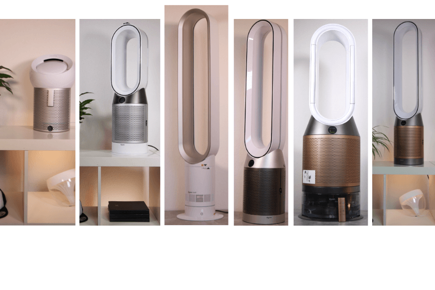 Различные воздухоочистители и вентиляторы Dyson стоят бок о бок во время тестирования и сравнения